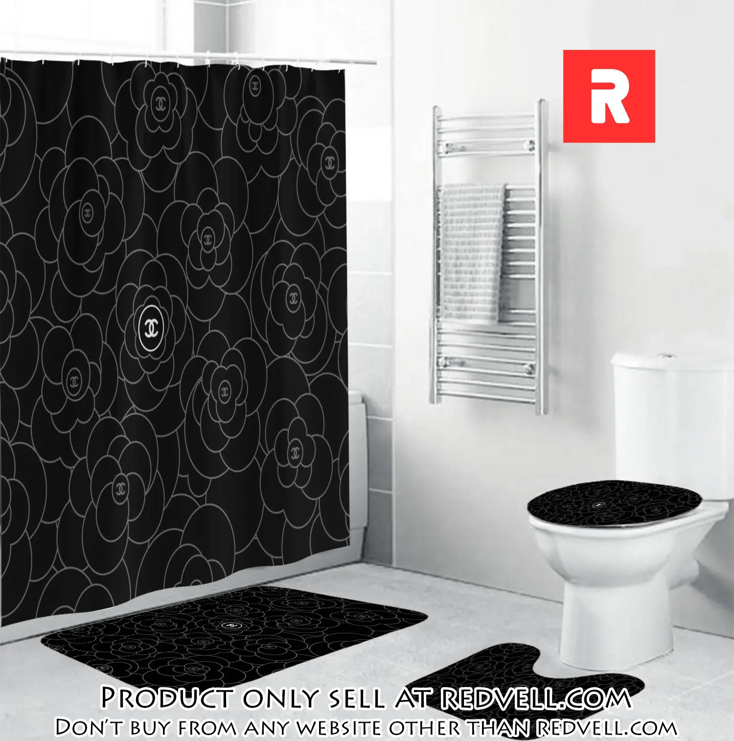 Chanel white signature flower in black background bathroom set accessories rv3717837